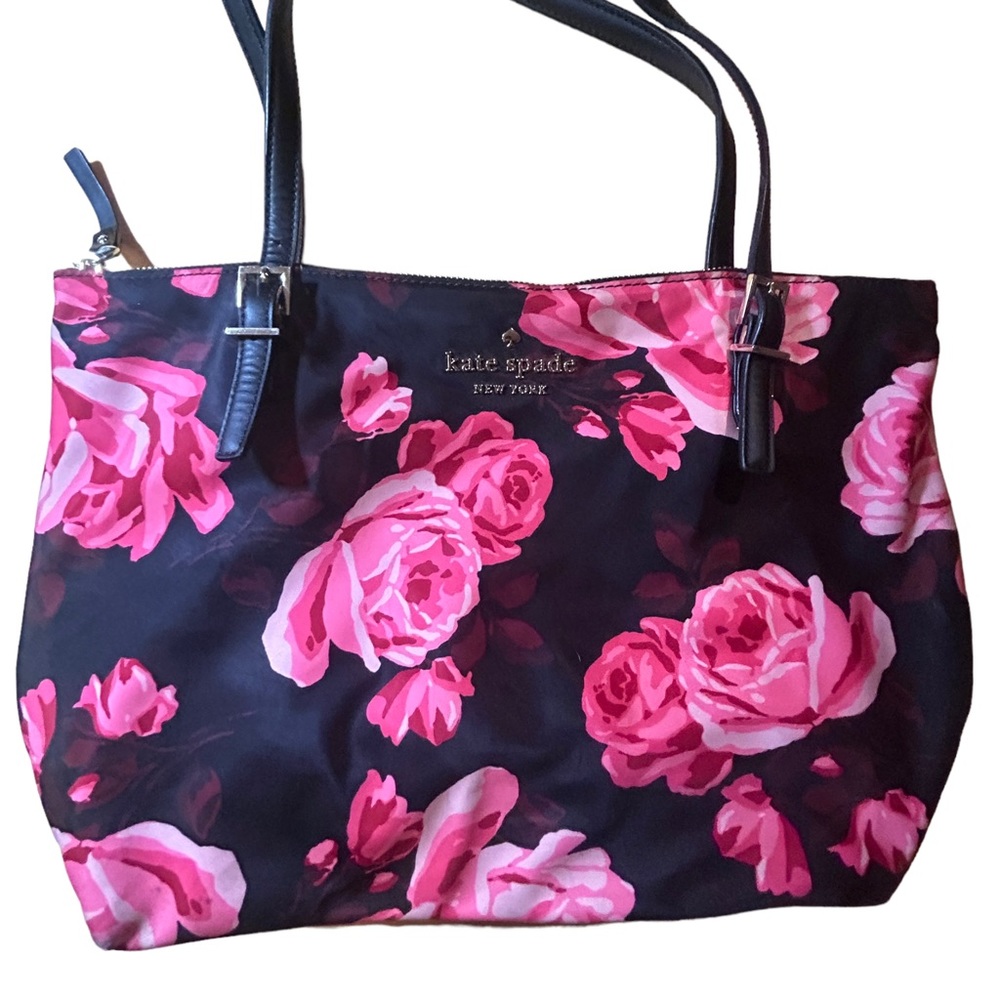 Kate Spade Floral Roses Fabric + Leather Trim Large Black Shoulder Bag Purse - Picture 2 of 15